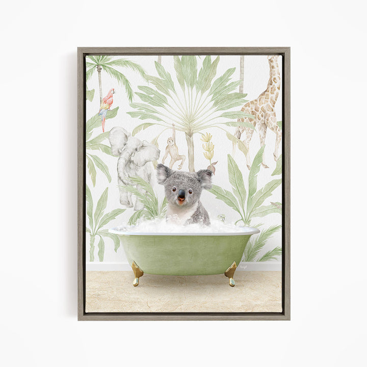 A koala is sitting in a green bathtub filled with water, surrounded by a tropical jungle scene with palm trees, a giraffe, and other animals.