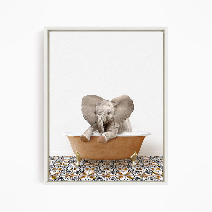 A baby elephant sitting in a bathtub filled with water, surrounded by a patterned tile floor.