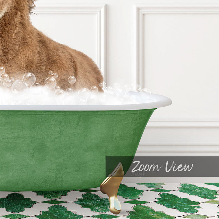 A dog is standing in a green bathtub filled with bubbles, enjoying a bath.