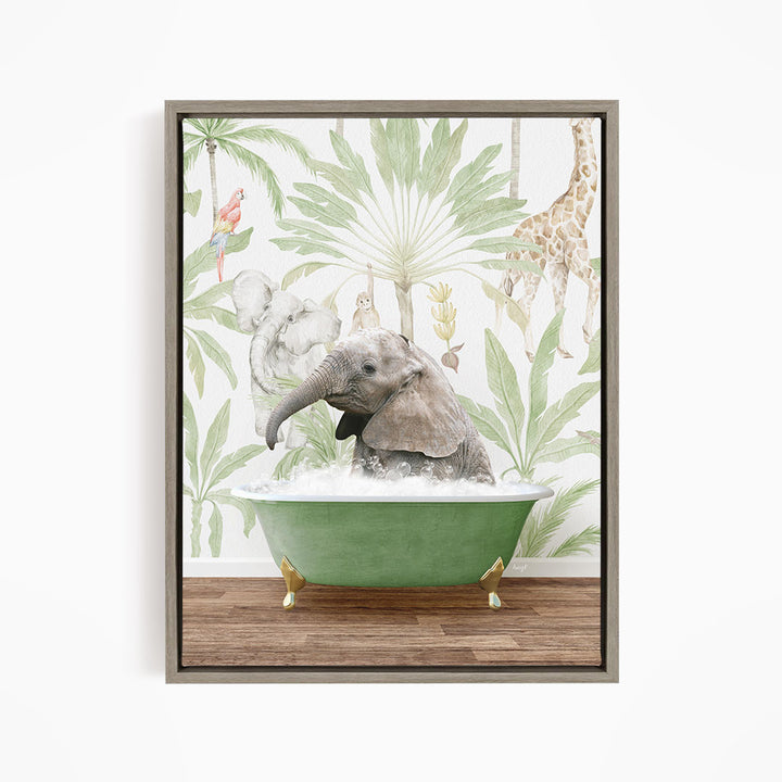 A framed print depicting an elephant sitting in a green bathtub, surrounded by tropical foliage and other animals.