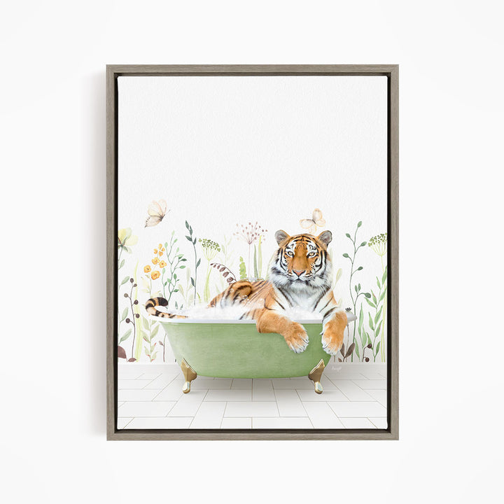 A tiger is sitting in a green bathtub filled with water, surrounded by flowers and butterflies.