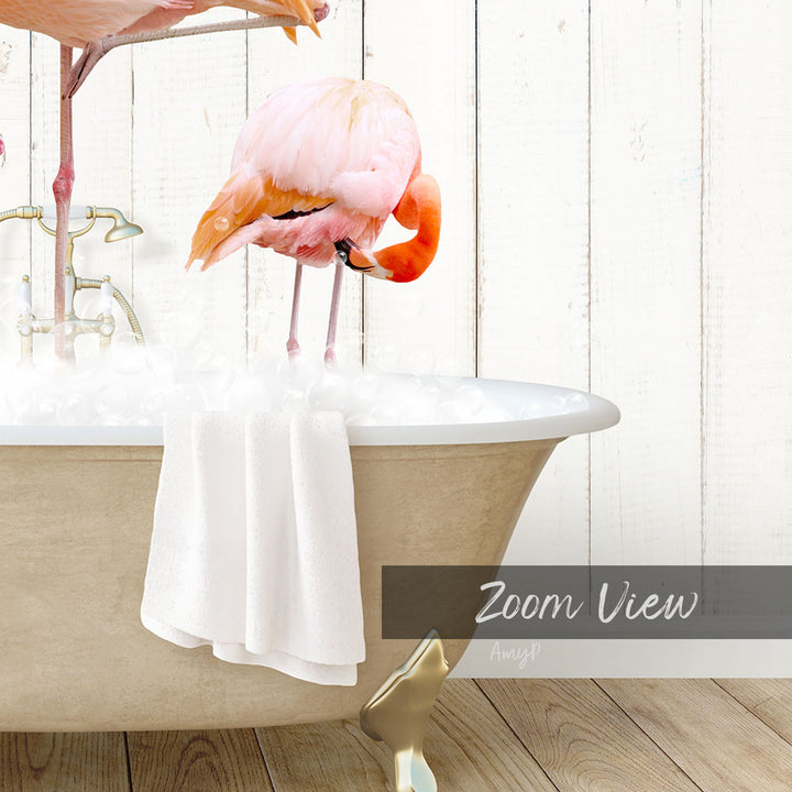 A pink flamingo standing in a bathtub filled with water, with a towel hanging on the side of the tub.