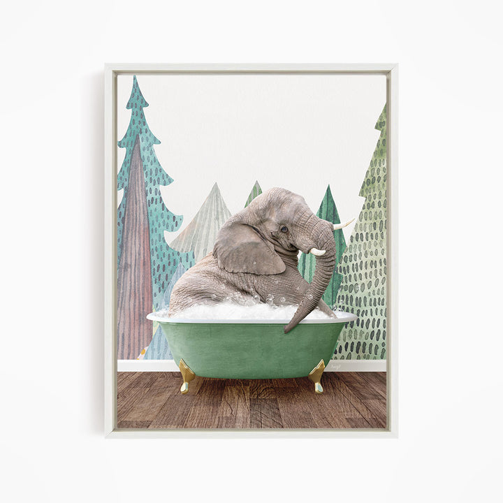 A gray elephant is sitting in a green bathtub, surrounded by a forest-like background with trees and a snowy landscape.