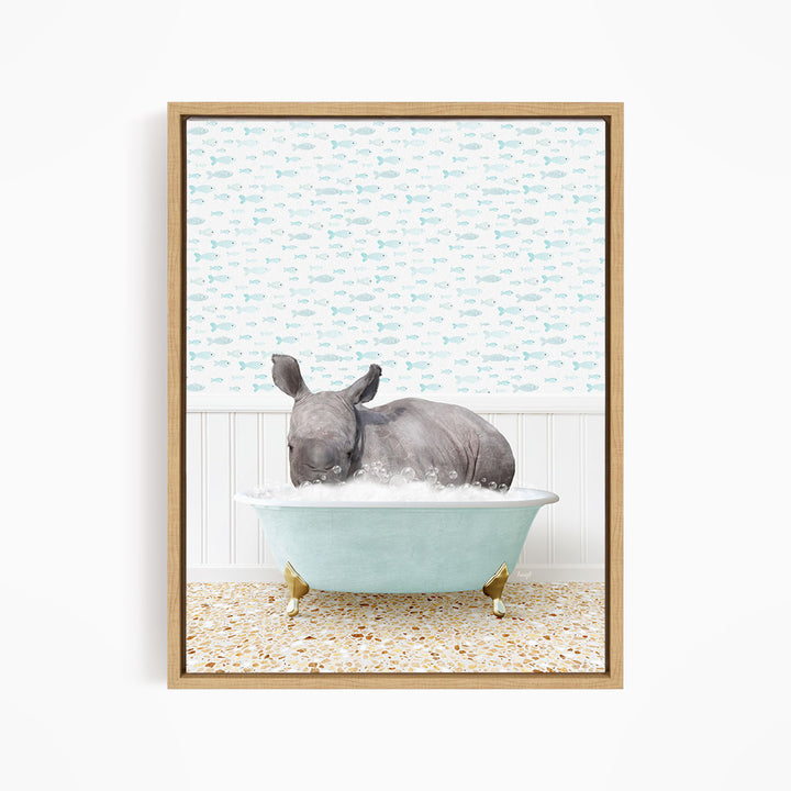A rhinoceros is sitting in a blue bathtub filled with water, surrounded by a pattern of fish.