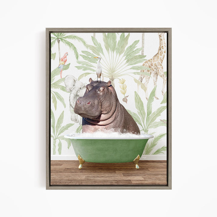 A hippopotamus sitting in a green bathtub, surrounded by tropical foliage and various animals, including a parrot and a giraffe.