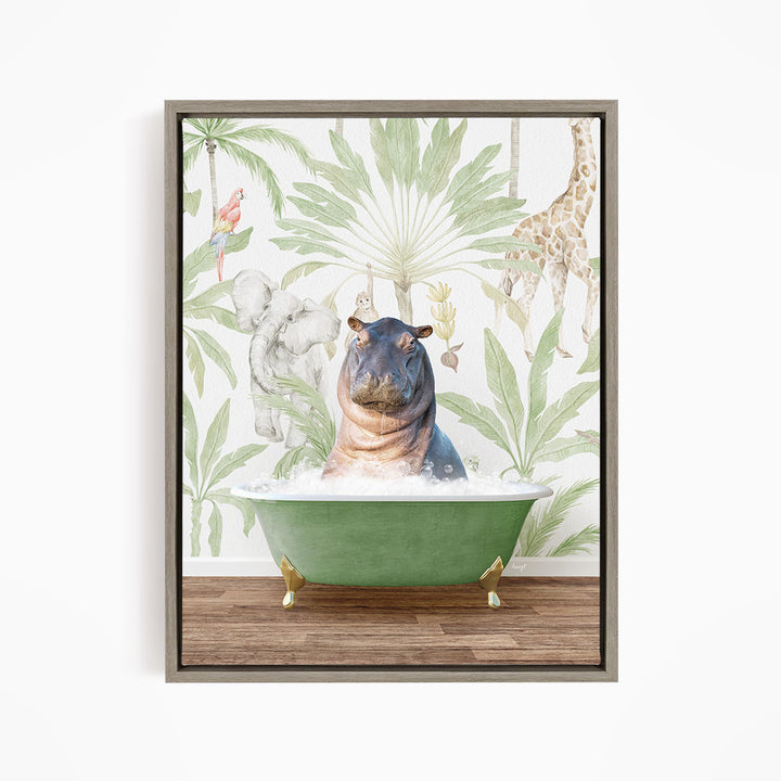 A framed illustration depicting a hippopotamus sitting in a green bathtub, surrounded by tropical foliage and animals such as a giraffe and a parrot.