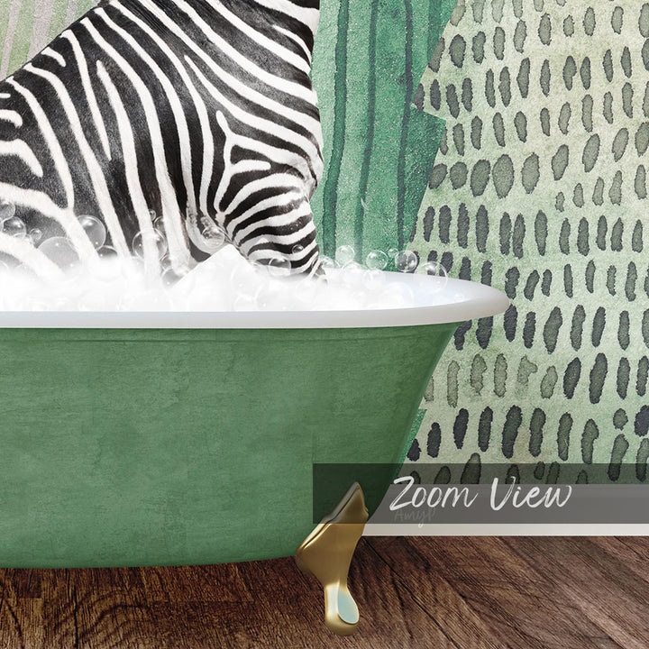 A zebra standing in a green bathtub filled with bubbles, with a patterned wall in the background.