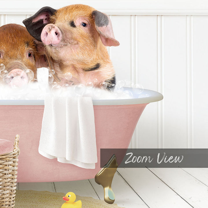 A pink bathtub filled with bubbles, with two adorable pigs sitting in it and enjoying a bath.
