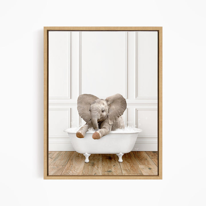 A baby elephant sitting in a white bathtub, with its trunk raised and ears spread out, creating a playful and whimsical scene.