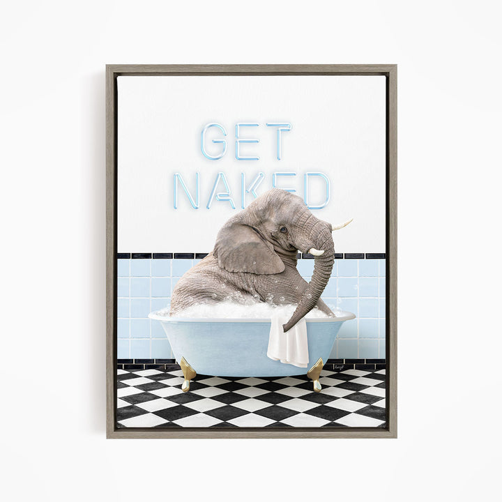 A gray elephant sitting in a blue bathtub, with the text "GET NAKED" displayed above it.