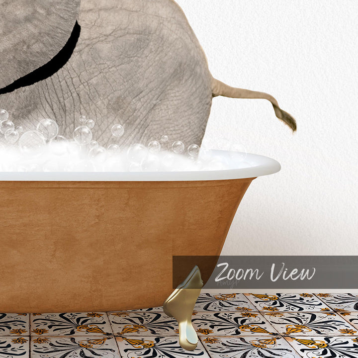 A close-up of an elephant's trunk in a bathtub filled with bubbles, with a text overlay that reads "Zoom View".
