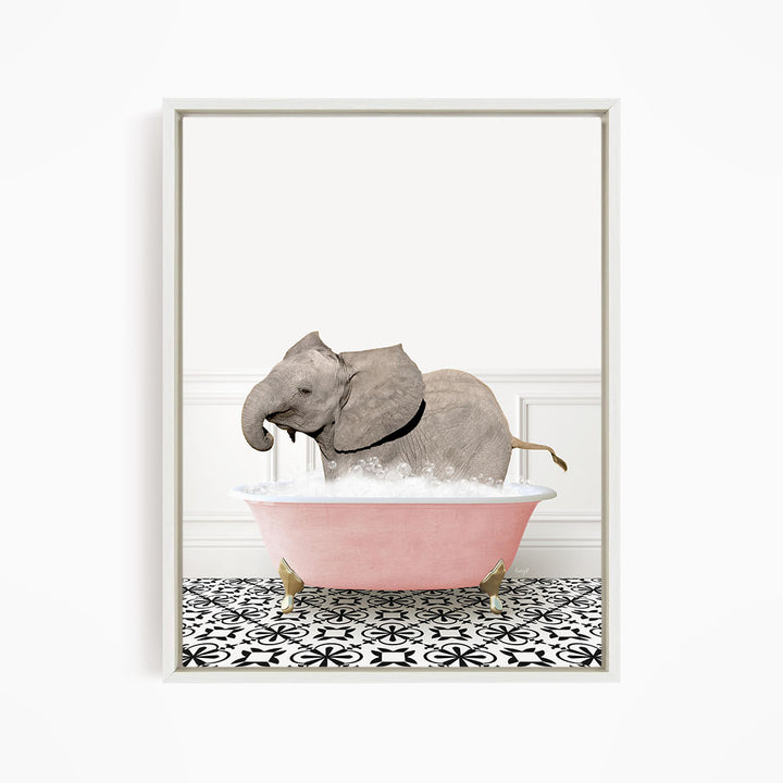 A gray elephant is sitting in a pink bathtub filled with water, surrounded by a black and white patterned floor.