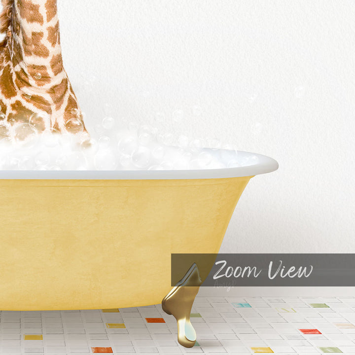 A giraffe standing in a yellow bathtub filled with bubbles, with a text overlay that reads "Zoom View".