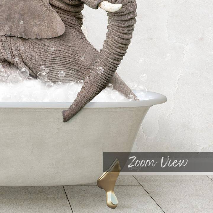A large elephant is sitting in a bathtub filled with bubbles, with its trunk submerged in the water.