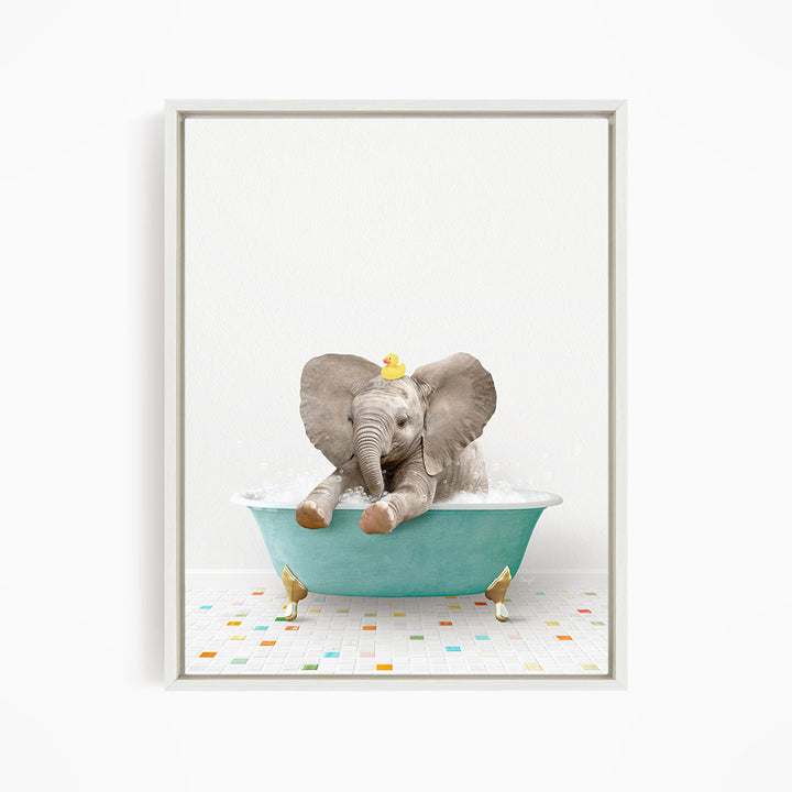 A baby elephant sitting in a blue bathtub, surrounded by colorful tiles on the floor.