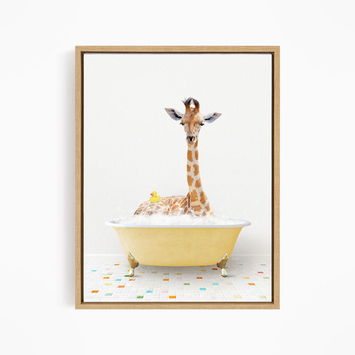 A giraffe is sitting in a yellow bathtub filled with bubbles, surrounded by a colorful tiled floor.