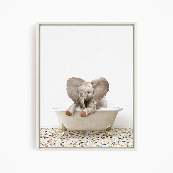 A baby elephant sitting in a bathtub filled with water, surrounded by a tiled floor.