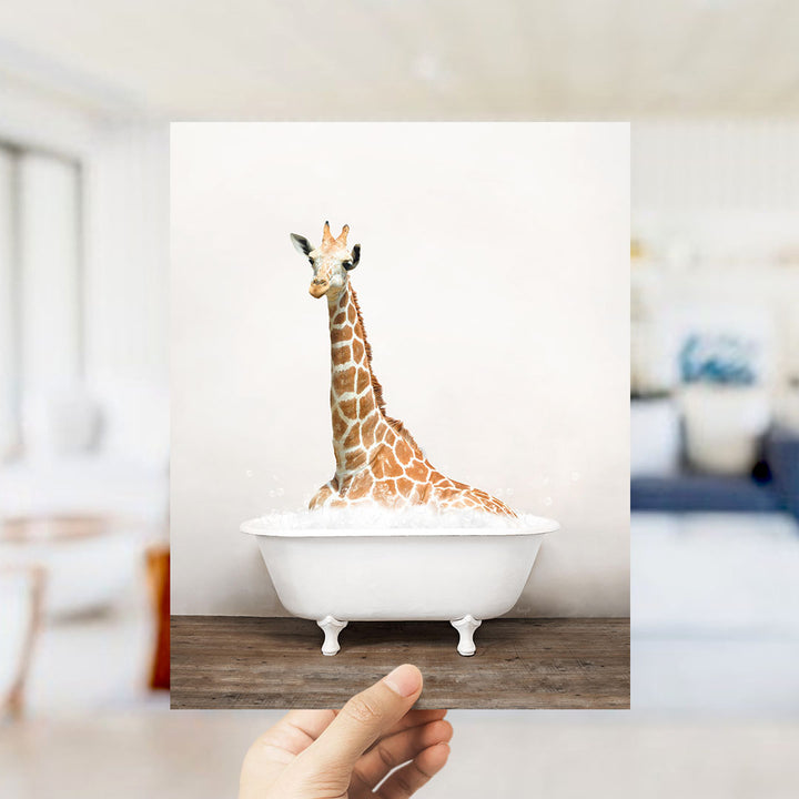 A giraffe sitting in a white bathtub filled with water, creating a whimsical and playful scene.