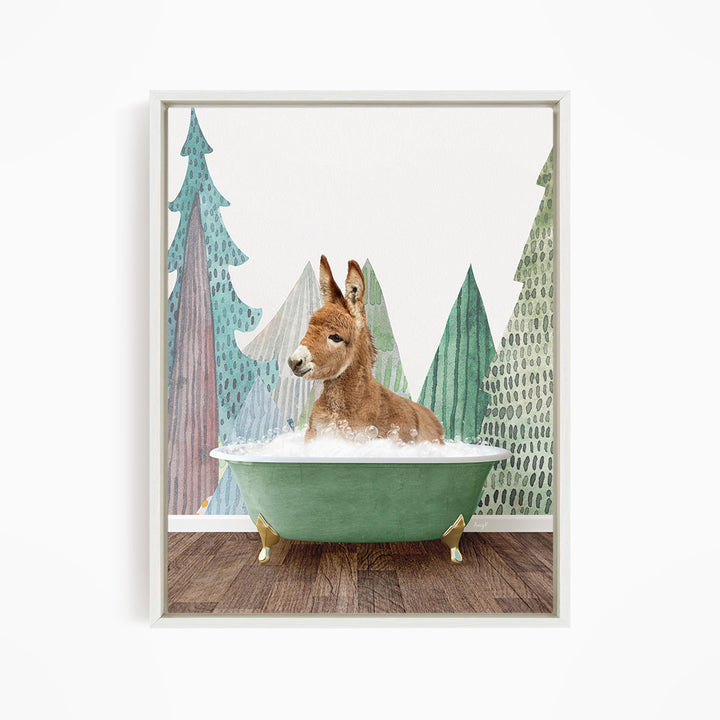 A donkey is sitting in a green bathtub, surrounded by a forest-themed background with trees and a snowy landscape.
