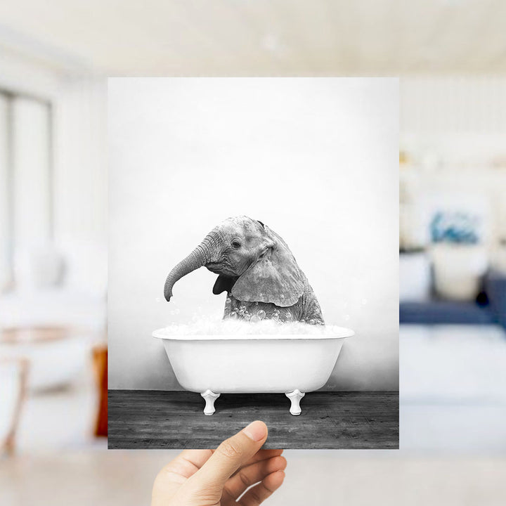 A hand holds up a black and white photograph of a baby elephant sitting in a bathtub filled with water.