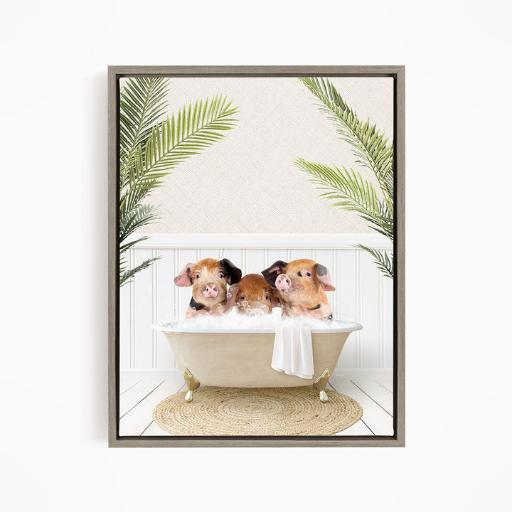 Three adorable pigs sitting in a white bathtub, surrounded by green palm leaves, creating a whimsical and playful scene.