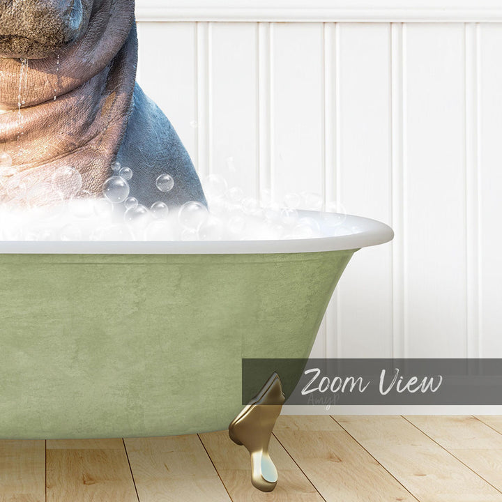 A close-up of a bathtub filled with bubbles, with a dog's head partially submerged in the water.