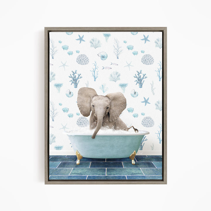 An elephant sitting in a bathtub filled with water, surrounded by blue and white marine life and starfish patterns.