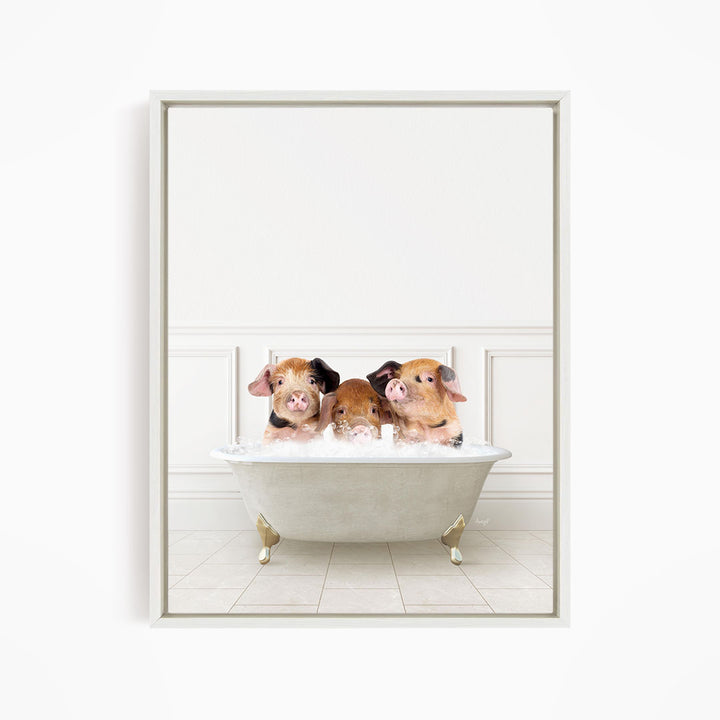 Three adorable pigs sitting in a white bathtub, enjoying a relaxing bath together.