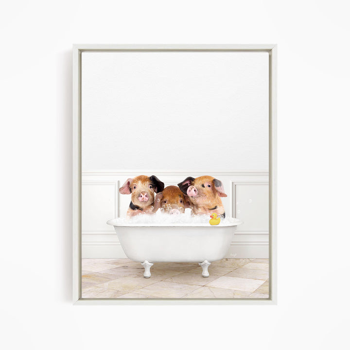 Three adorable pigs sitting in a white bathtub, enjoying a bath time together.