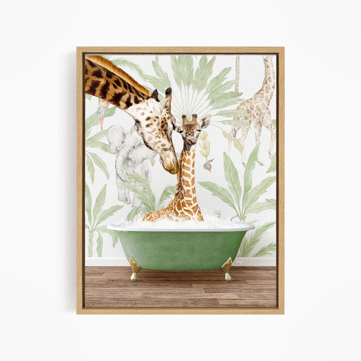 A giraffe is sitting in a green bathtub, surrounded by other giraffes and tropical plants, creating a whimsical and playful scene.