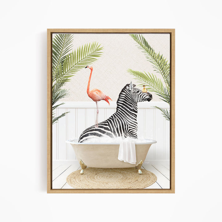 A zebra is sitting in a bathtub, surrounded by a pink flamingo and palm leaves, creating a whimsical and playful scene.