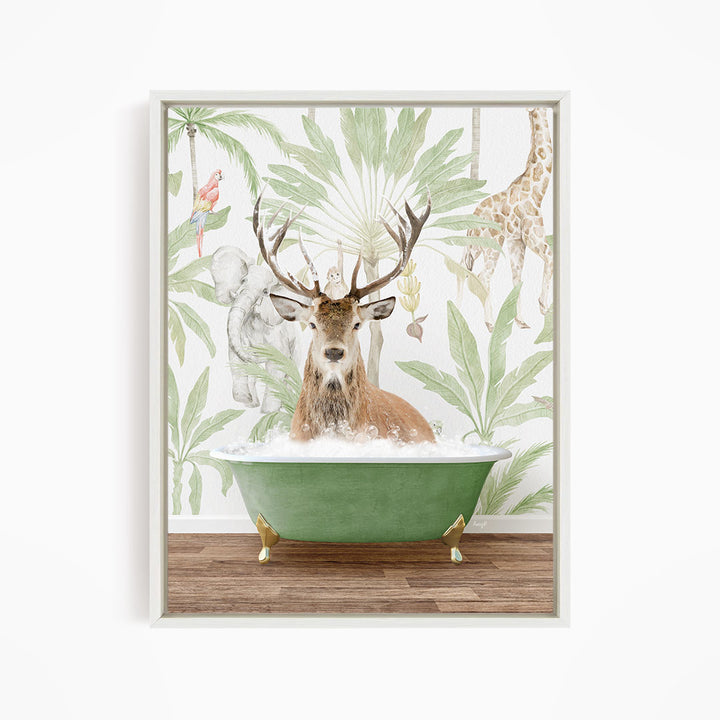 A deer with antlers is sitting in a green bathtub, surrounded by tropical foliage and animals, including a giraffe and a parrot.