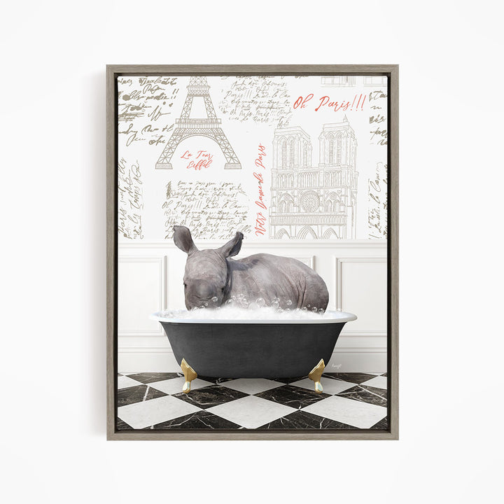 A rhinoceros is sitting in a bathtub filled with water, surrounded by various architectural drawings and text, including the Eiffel Tower and Paris.