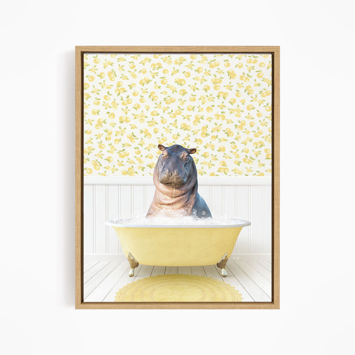 A hippopotamus sitting in a yellow bathtub, surrounded by a yellow floral pattern on the wall behind it.