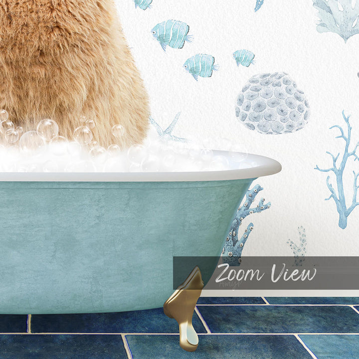 A cat sitting in a bathtub filled with bubbles, surrounded by a blue and white underwater scene with fish and coral.