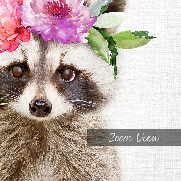 A raccoon wearing a flower crown with pink and purple flowers and green leaves.