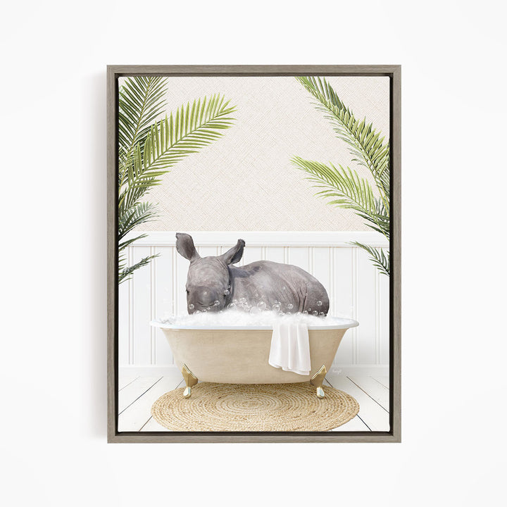 A rhinoceros is sitting in a bathtub filled with water, surrounded by palm leaves, creating a whimsical and relaxing scene.