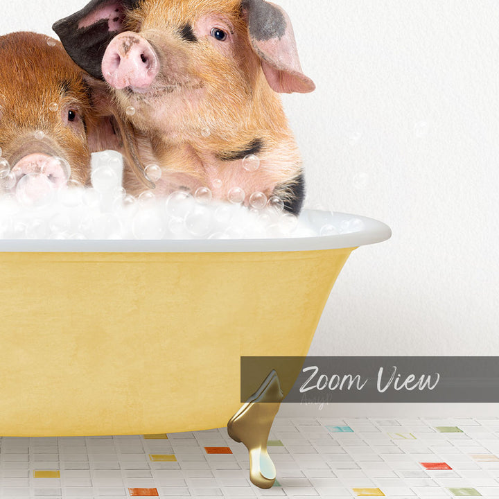 Two adorable pigs enjoying a relaxing bath in a yellow bathtub.