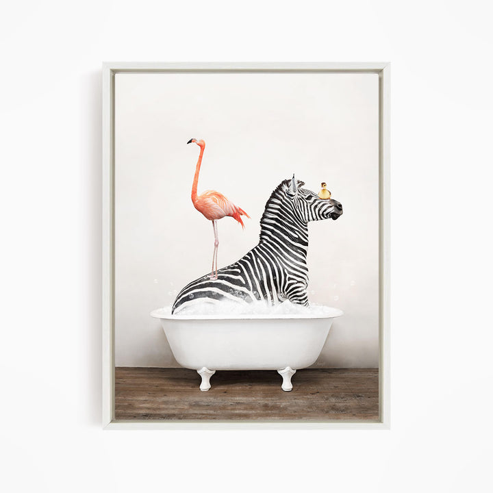 A zebra is sitting in a white bathtub, with a pink flamingo standing on its back and a bird perched on its head.