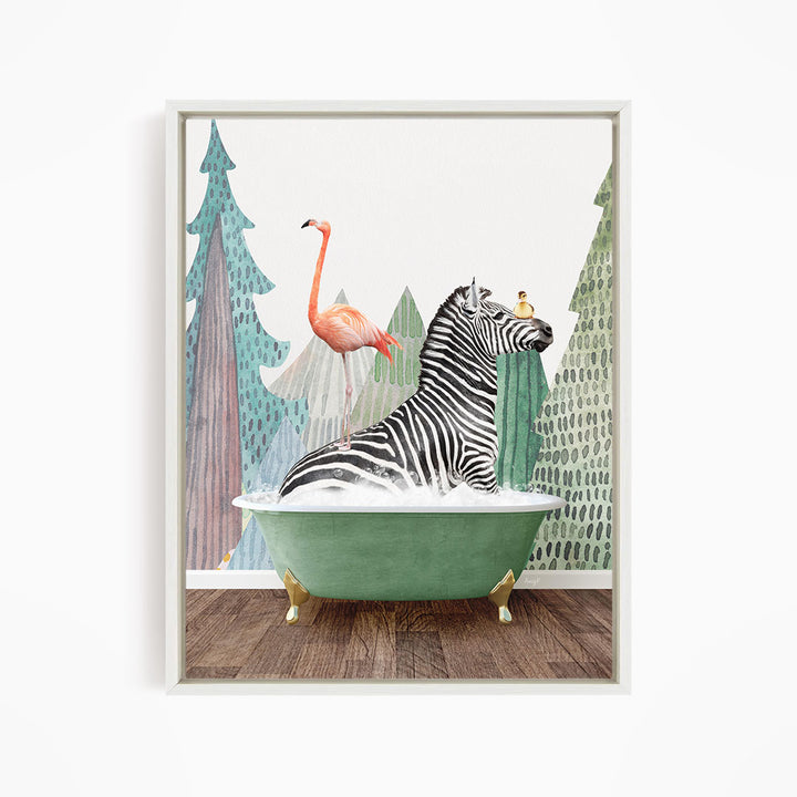 A zebra is sitting in a green bathtub, surrounded by a pink flamingo and a yellow bird, with a forest backdrop.