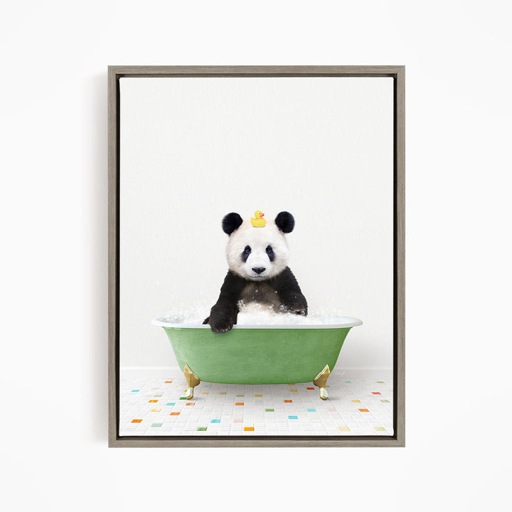 A panda bear sitting in a green bathtub, surrounded by colorful tiles on the floor.
