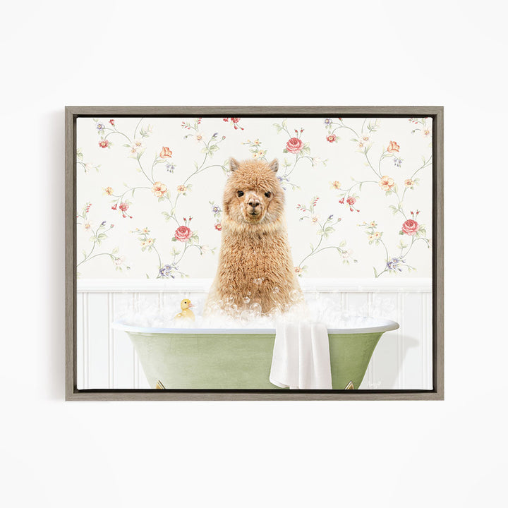 A fluffy brown alpaca sits in a green bathtub filled with bubbles, surrounded by a floral wallpaper.