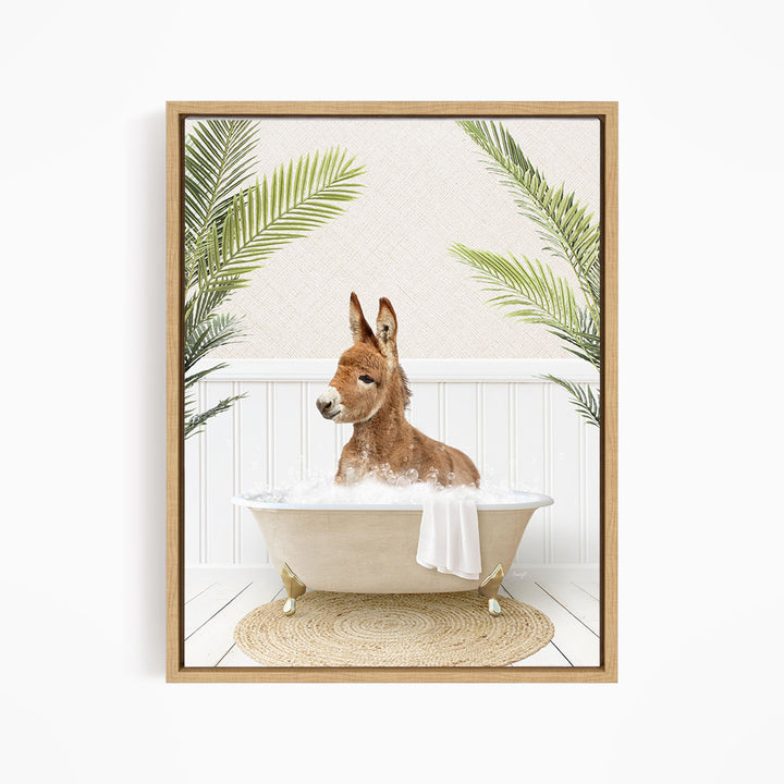 A donkey is sitting in a bathtub filled with water, surrounded by palm leaves, creating a whimsical and playful scene.