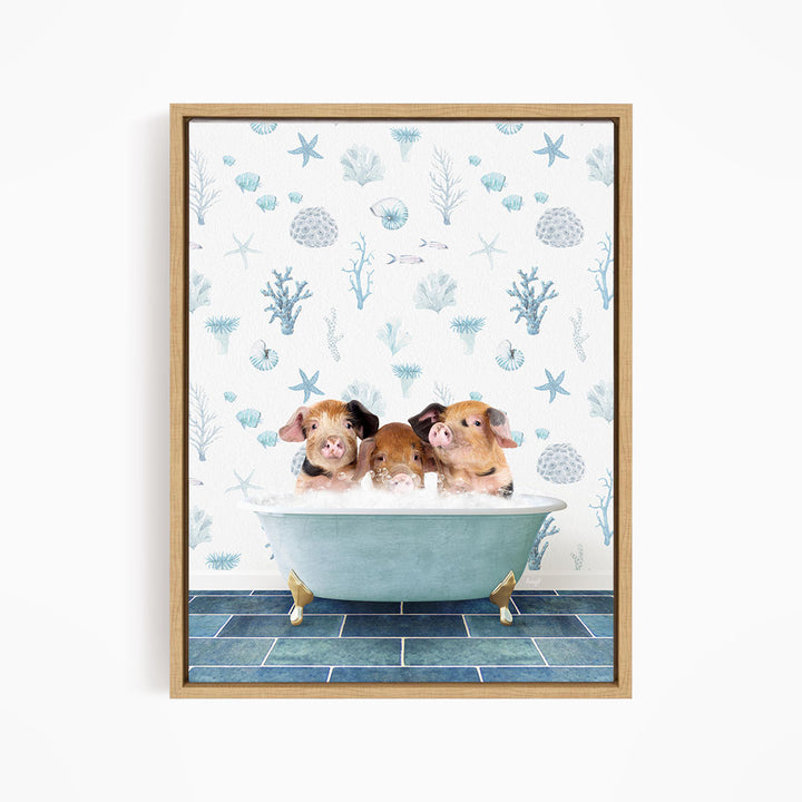 Three adorable pigs sitting in a bathtub filled with water, surrounded by a blue and white ocean-themed wallpaper.