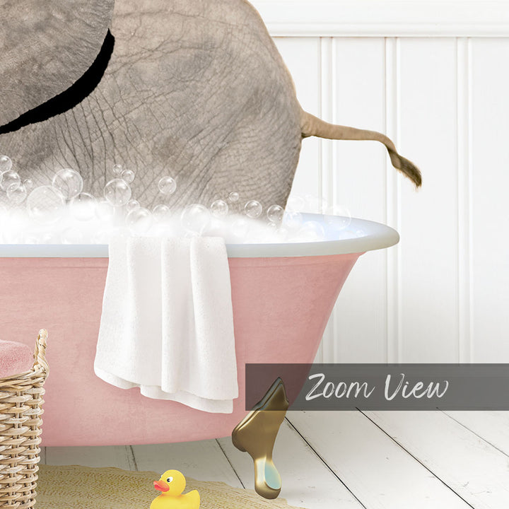 A pink bathtub filled with bubbles, with a white towel and a yellow rubber duck inside.