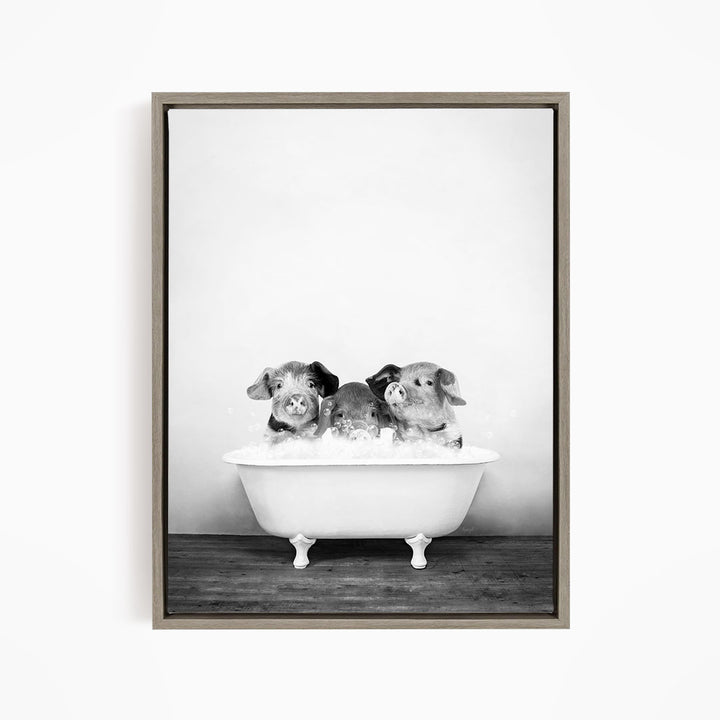 Three adorable pigs sitting in a white bathtub, enjoying a relaxing bath together.