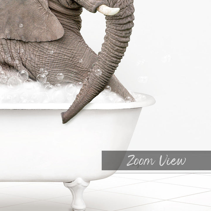 A large gray elephant is sitting in a white bathtub filled with bubbles, creating a whimsical and playful scene.
