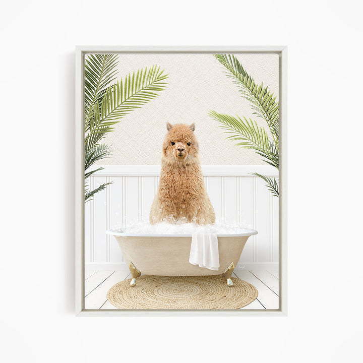 A fluffy brown dog is sitting in a white bathtub filled with water, surrounded by green palm leaves.