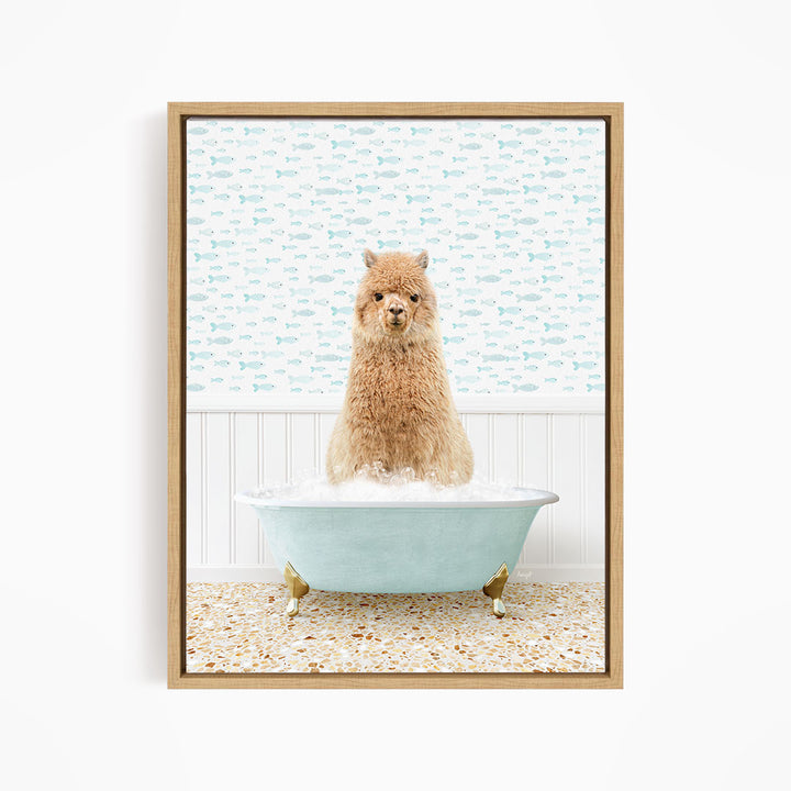 A fluffy brown dog sitting in a light blue bathtub filled with bubbles, surrounded by a patterned wall and a tiled floor.
