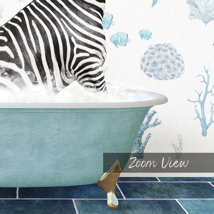 A zebra standing in a bathtub filled with bubbles, surrounded by a blue and white underwater scene with coral and fish.